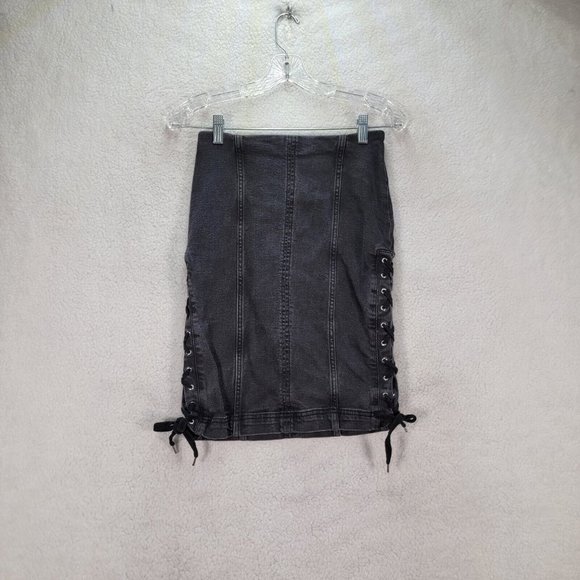 Free People Charcoal Black Denim Stretch Lace Up Slim Grunge Slim Pencil Skirt - Picture 4 of 15